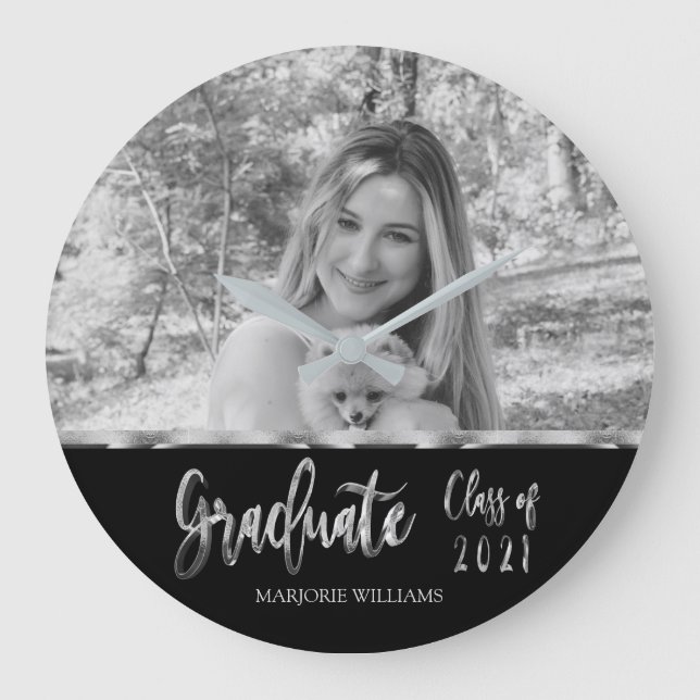 Faux Silver Grey Script Graduate Class of 2021 Large Clock (Front)