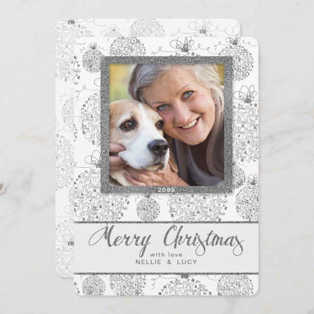 Faux Silver Leaf with Merry Christmas Photo Holiday Card (Front/Back)