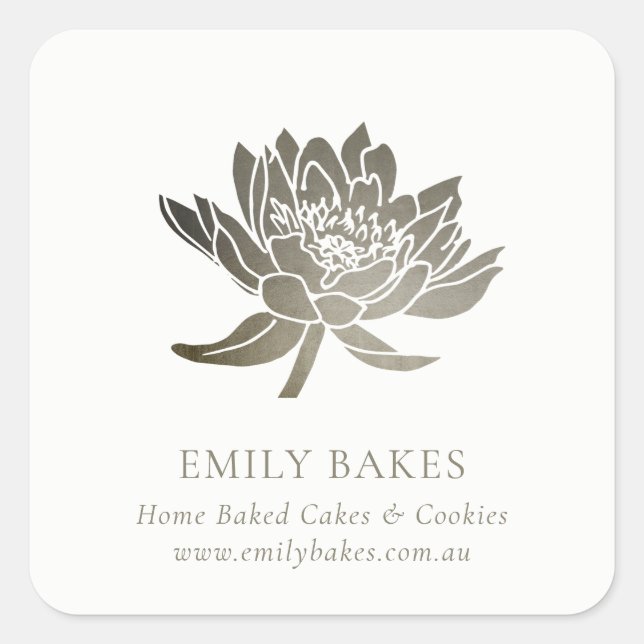 FAUX SILVER LOTUS FLORAL BUSINESS PROFESSIONAL SQUARE STICKER (Front)