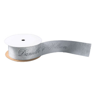 Faux Silver Metallic Elegant Grey Script Wedding Satin Ribbon