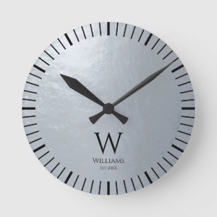 Faux Silver Metallic Grey Black Monogram and Name Round Clock