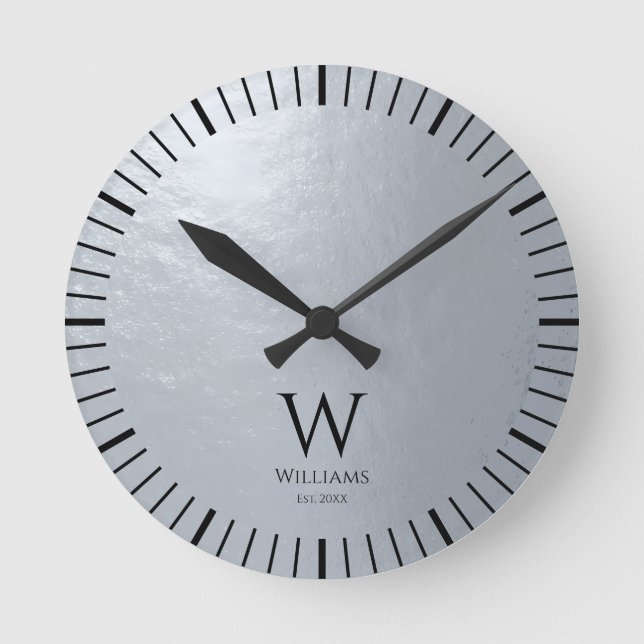 Faux Silver Metallic Grey Black Monogram and Name  Round Clock (Front)