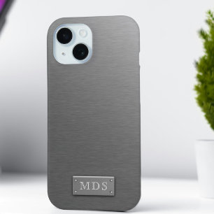 Faux Silver Monogram Titanium Grey Brushed Metal iPhone 15 Case