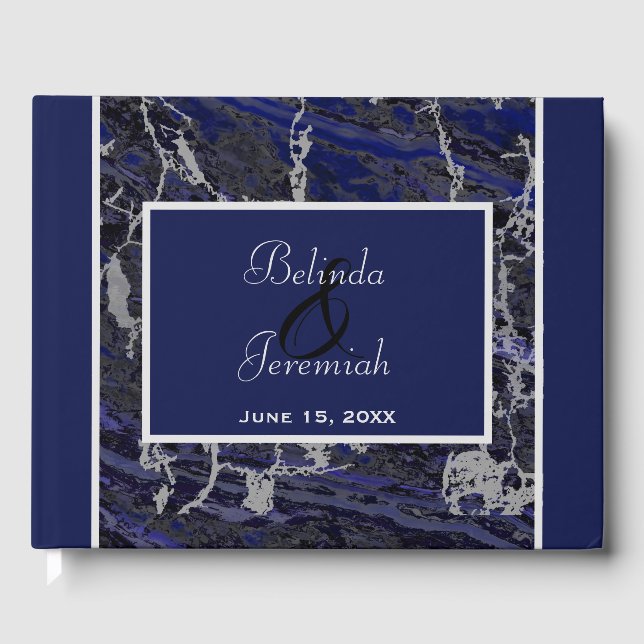 Faux Silver & Navy Marble Wedding Guest Book (Front)