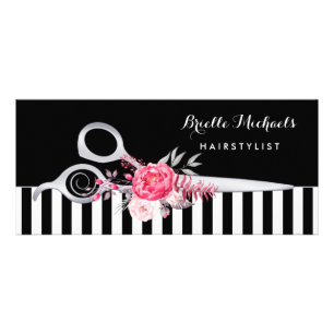 Faux Silver Scissors Stripes Pink Floral Stylist Rack Card