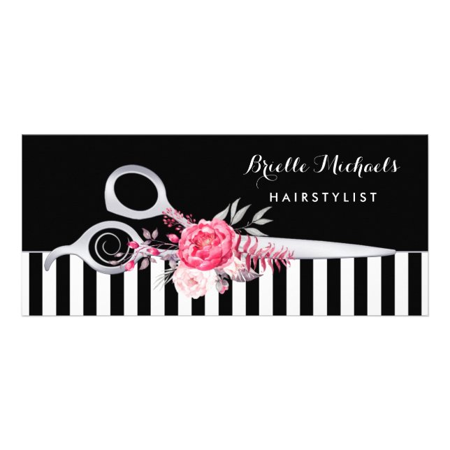 Faux Silver Scissors Stripes Pink Floral Stylist Rack Card (Front)