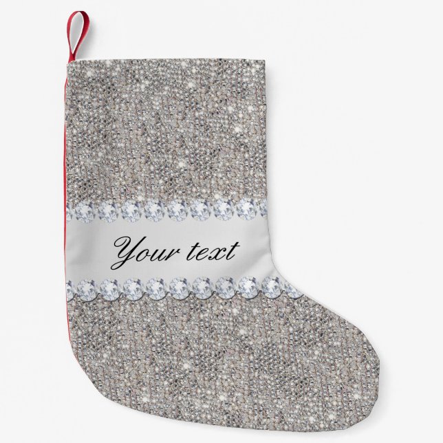 Faux Silver Sequins and Diamonds Small Christmas Stocking (Front)