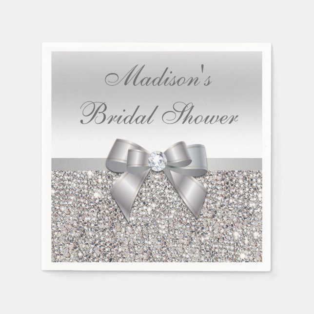 Faux Silver Sequins Bow Personalised Bridal Shower Napkin (Front)