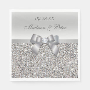 Faux Silver Sequins Bow Personalised Wedding Napkin
