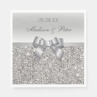 Faux Silver Sequins Bow Personalised Wedding Napkin