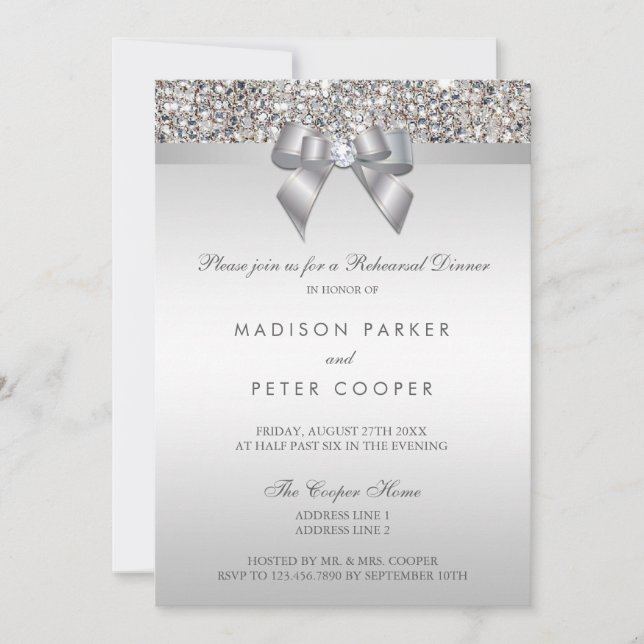 Faux Silver Sequins Bow Rehearsal Dinner Invitation (Front)