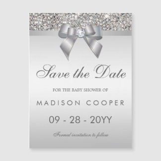 Faux Silver Sequins Bow Save The Date Baby Shower Magnetic Invitation