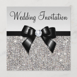 Faux Silver Sequins Diamonds Black Bow Wedding Invitation