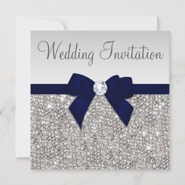 Faux Silver Sequins Diamonds Dark Navy Bow Wedding Invitation (Front)