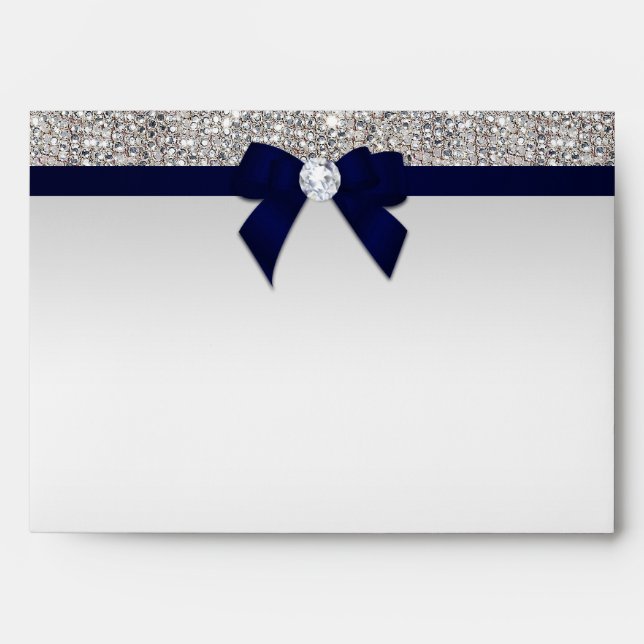 Faux Silver Sequins Diamonds Navy Blue Bow Envelopes (Front)