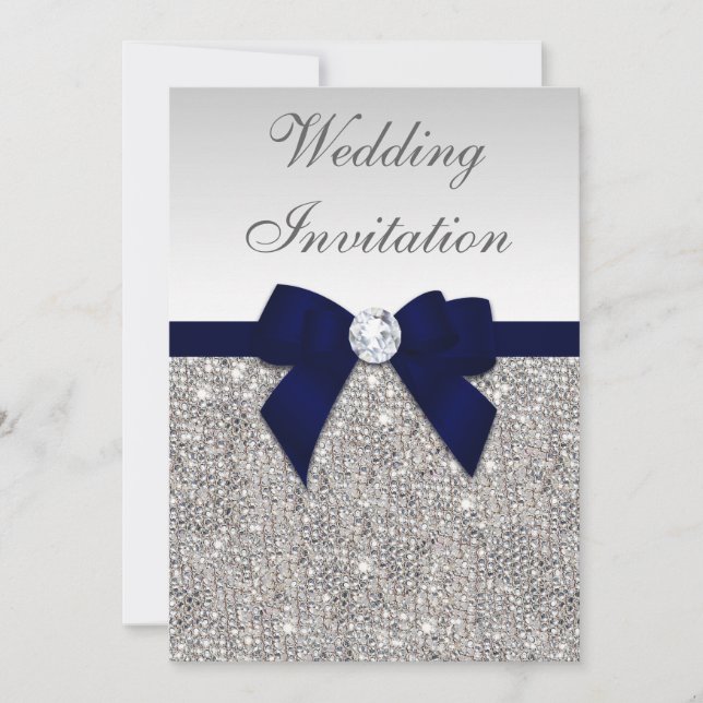Faux Silver Sequins Diamonds Navy Bow Wedding Invitation (Front)