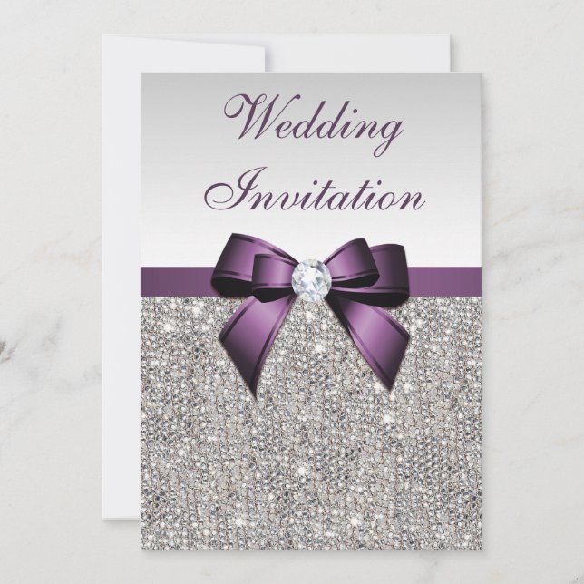 Faux Silver Sequins Diamonds Purple Bow Wedding Invitation (Front)