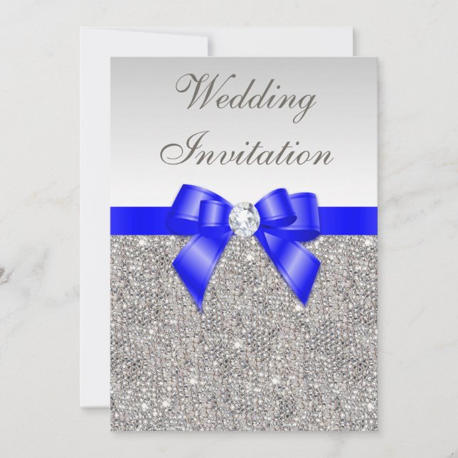 Faux Silver Sequins Diamonds Royal Blue Wedding Invitation (Front)
