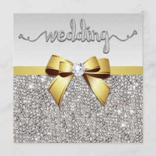 Faux Silver Sequins Gold Bow Wedding Invitation