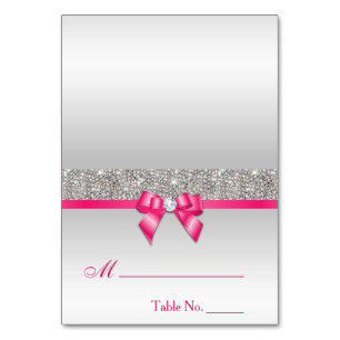 Faux Silver Sequins Hot Pink Bow Place Card