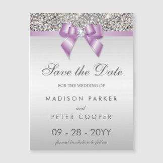Faux Silver Sequins Lilac Bow Save The Date Magnetic Invitation