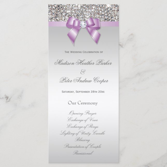 Faux Silver Sequins Lilac Bow Wedding Program Programme (Front)