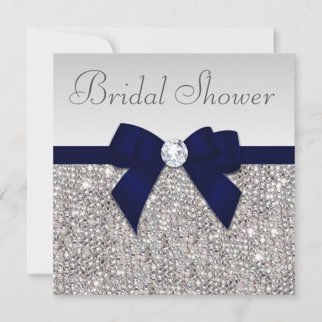 Faux Silver Sequins Navy Blue Bow Bridal Shower Invitation (Front)