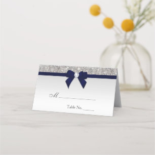 Faux Silver Sequins Navy Bow Place Card