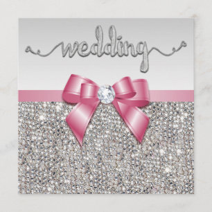 Faux Silver Sequins Pink Bow Wedding Invitation