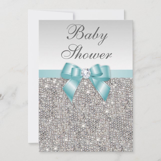 Faux Silver Sequins Teal Blue Baby Shower Invitation (Front)