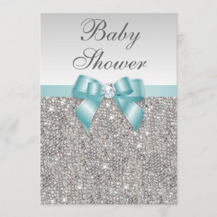 Faux Silver Sequins Teal Blue Baby Shower Invitation