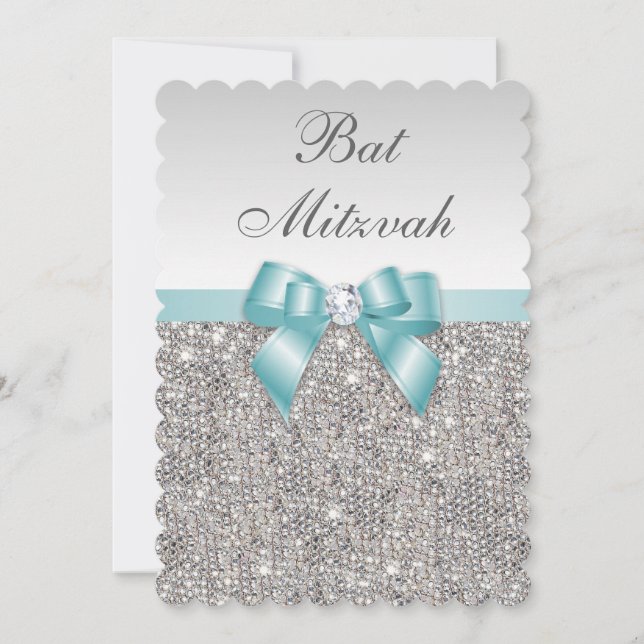 Faux Silver Sequins Teal Blue Bat Mitzvah Invitation (Front)