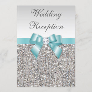 Faux Silver Sequins Teal Bow Wedding Reception Invitation