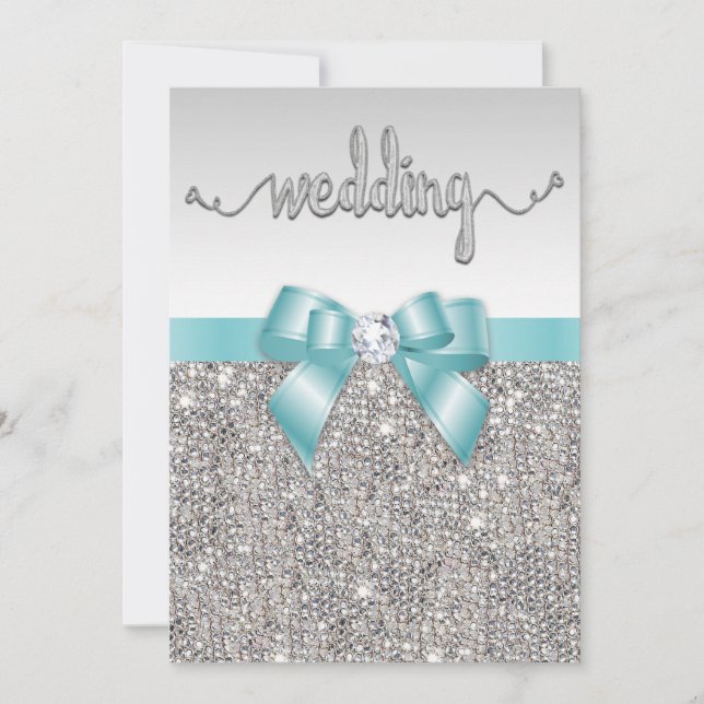 Faux Silver Sequins Teal Bow Wedding Typography Invitation (Front)