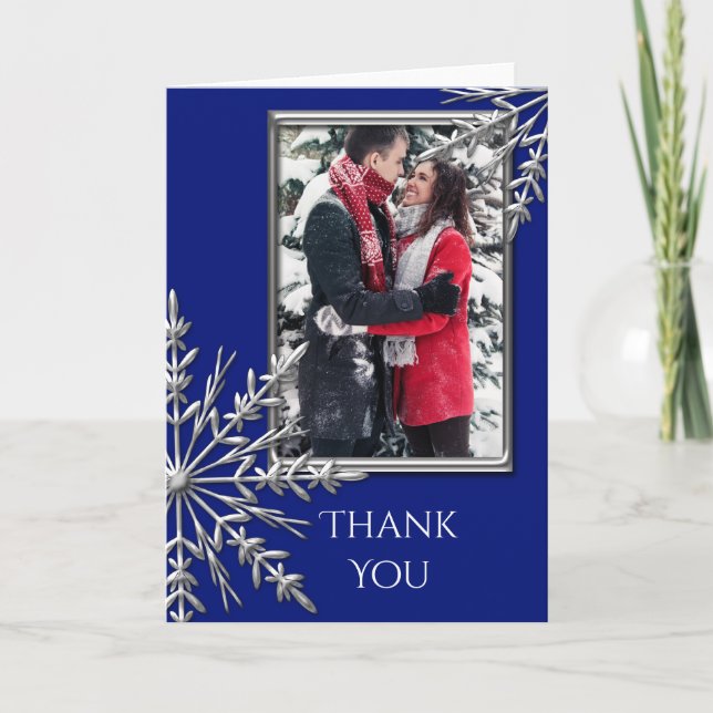 Faux Silver Snowflake on Blue Thank You Note Photo Card (Front)