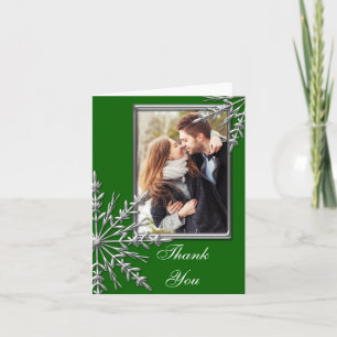 Faux Silver Snowflake on Green Thank You Photo Card