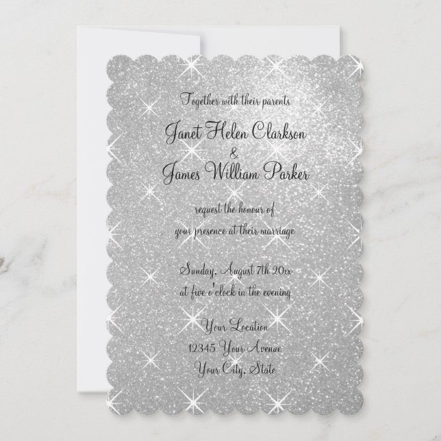 Faux silver sparkly glitter wedding invitations (Front)