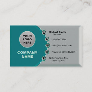 Faux Silver-Teal Glossy Metallic with 3D Icons  Bu Business Card