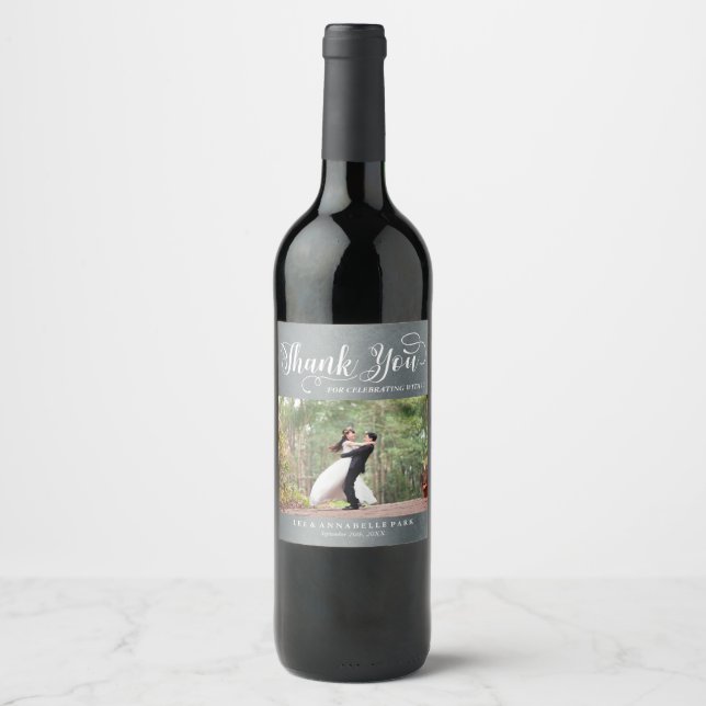 Faux Silver Thank You Custom Photo Wedding Favour Wine Label (Front)