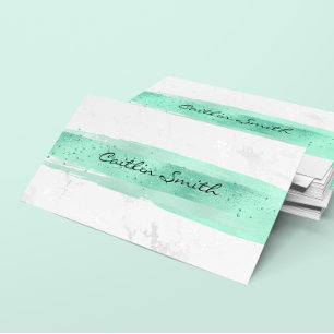 Faux Silver White Foil Marble Mint Brush Stroke Business Card