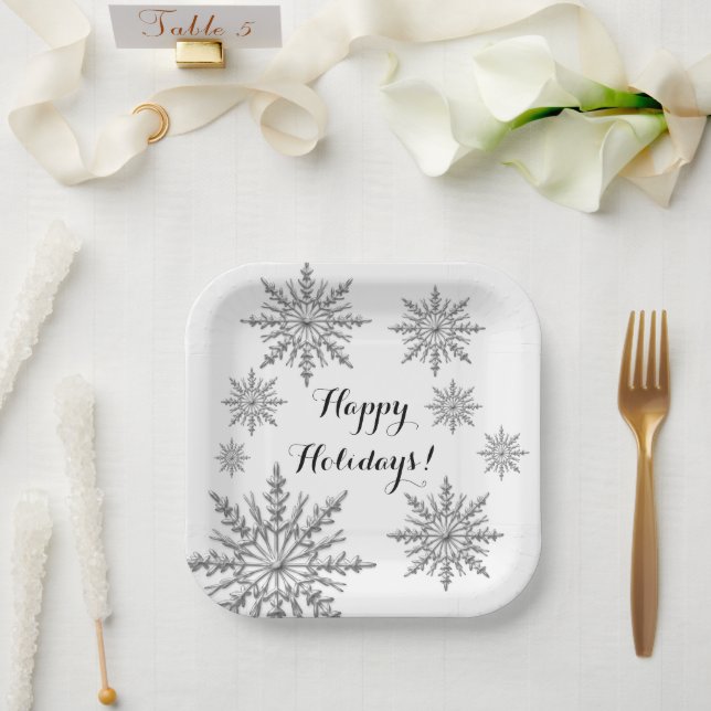 Faux Silver Winter Snowflake Happy Holidays Paper Plate (Wedding)