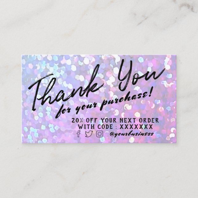  faux sparkle purple thank you discount card (Front)