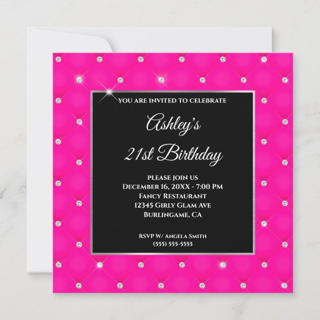 Faux Sparkly Diamond Hot Pink Birthday Invitation (Front)