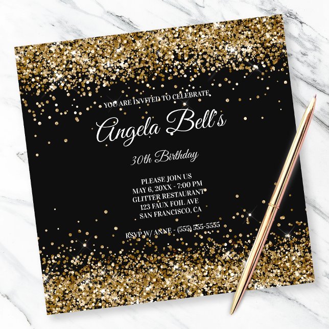 Faux Sparkly Gold Glitter Black Invitation (Creator Uploaded)