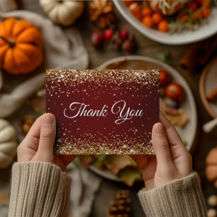 Faux Sparkly Gold Glitter Burgundy Thank You Postcard