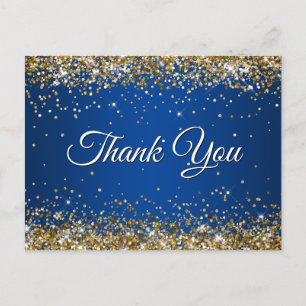 Faux Sparkly Gold Glitter Deep Blue Thank You Postcard