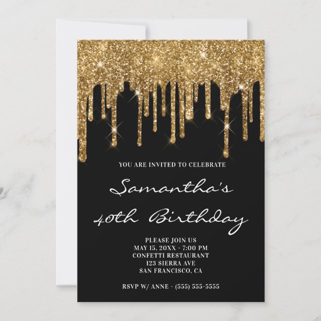 Faux Sparkly Gold Glitter Drips Black Birthday Invitation (Front)