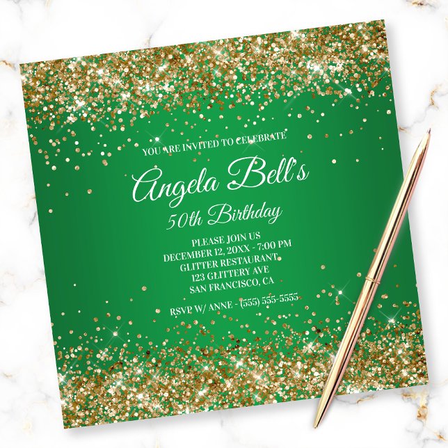 Faux Sparkly Gold Glitter Monogram Green Ombre Invitation (Creator Uploaded)