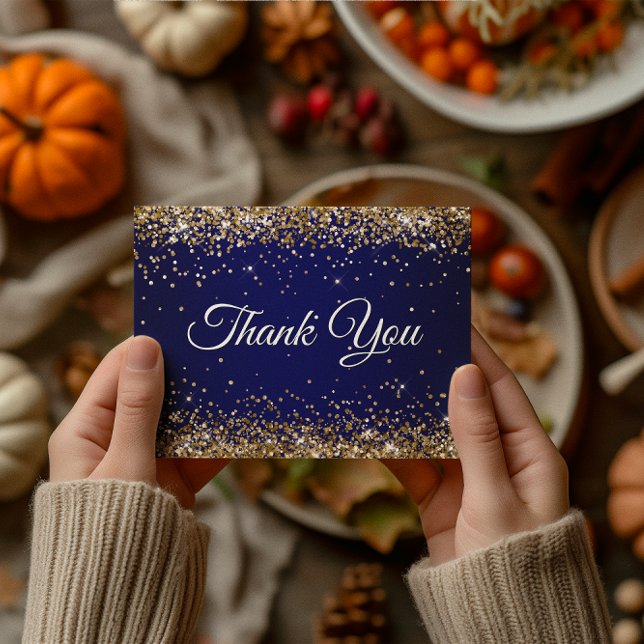 Faux Sparkly Gold Glitter Navy Blue Thank You Postcard (Faux Sparkly Gold Glitter Navy Blue Thank You Postcard)