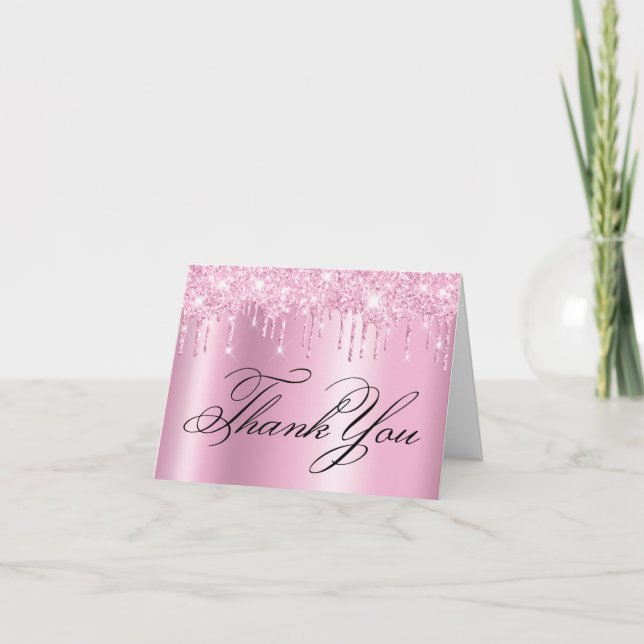 Faux Sparkly Light Pink Glitter Drips Ombre Thank You Card (Front)